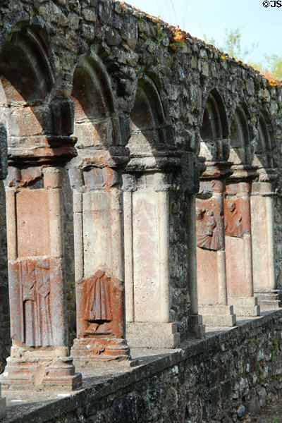 Cloister enclosure (14th-15thC) with unique series of double columns framing flat carvings at Jerpoint Abbey. Ireland.