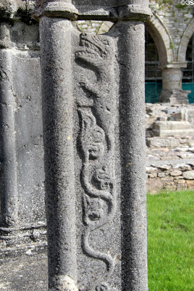 Cloister enclosure carving of mythical beast between double columns at Jerpoint Abbey. Ireland.