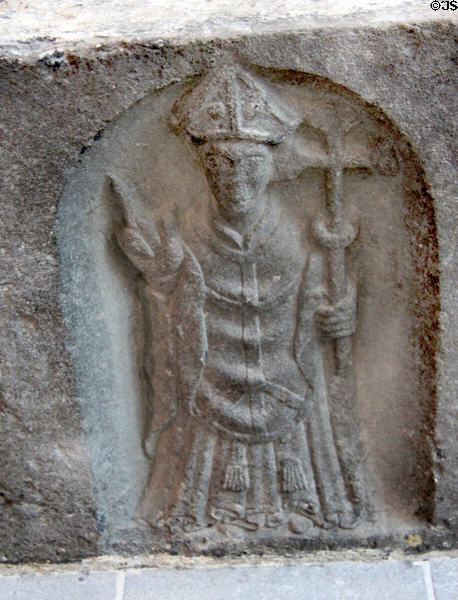 Bishop carved on side panel of tomb (1500s) at Medieval Mile Museum. Kilkenny, Ireland.
