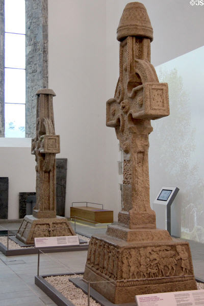 Plaster replicas of high crosses (800s) from Ahenny in County Tipperary used during world tour (1906) to publicize unique Irish art heritage at Medieval Mile Museum. Kilkenny, Ireland.