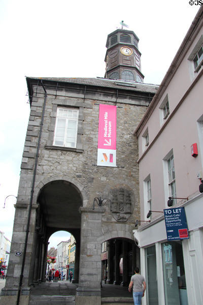 Kilkenny city hall with octagonal clock tower in former arcaded toll house (1761) on Parliament St. Kilkenny, Ireland.