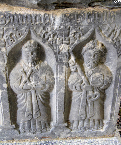 Detail of carved tomb (16thC) with saints Andrew & Peter in cathedral at Rock of Cashel. Cashel, Ireland.