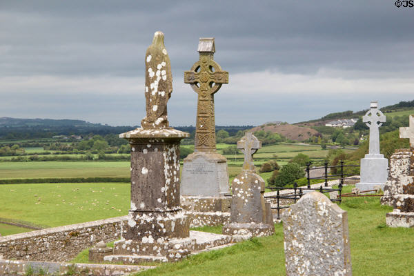 Grave monuments overlooking countryside at Rock of Cashel. Cashel, Ireland.