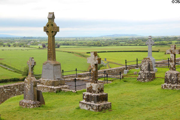 Grave crosses overlooking countryside at Rock of Cashel. Cashel, Ireland.