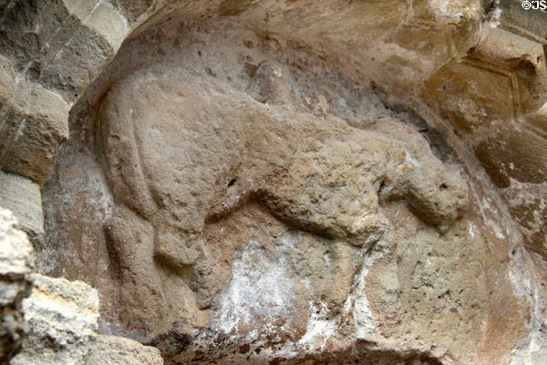 Winged bull representing Evangelist St Luke carved (12thC) over entrance to Cormac's Chapel at Rock of Cashel. Cashel, Ireland.