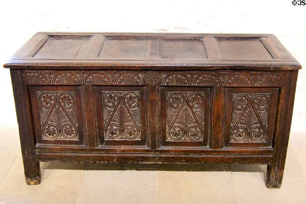 Carved chest in banqueting hall at Cahir Castle. Cahir, Ireland.