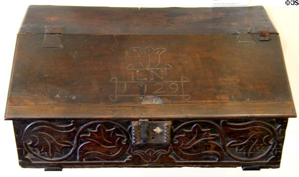 Wooden family bible box (1729) at Bishop's Palace. Waterford, Ireland.