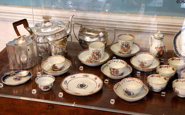 Silver tea pots & porcelain tea cups reflecting history of tea at Bishop's Palace. Waterford, Ireland.