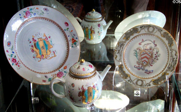 Porcelain plates & teapot (1740-60) made in China with crests of East India Co. Irish ship captains at Bishop's Palace. Waterford, Ireland.