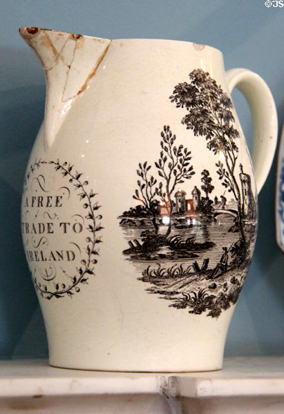 Free Trade to Ireland creamware pitcher (c1780) at Bishop's Palace. Waterford, Ireland.
