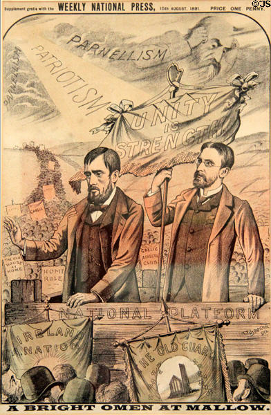 Graphic from Weekly Nation Press (Aug. 1891) promoting Irish home rule & Parnellism at Bishop's Palace. Waterford, Ireland.
