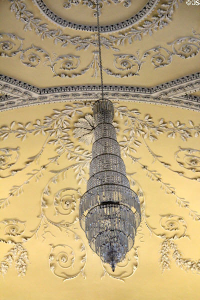 Sculpted Georgian plaster ceiling decoration with Waterford chandelier at Christ Church Cathedral. Waterford, Ireland.