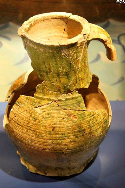 Redcliffe ceramic wine jug (c1250) from Bristol at Museum of Treasures. Waterford, Ireland.