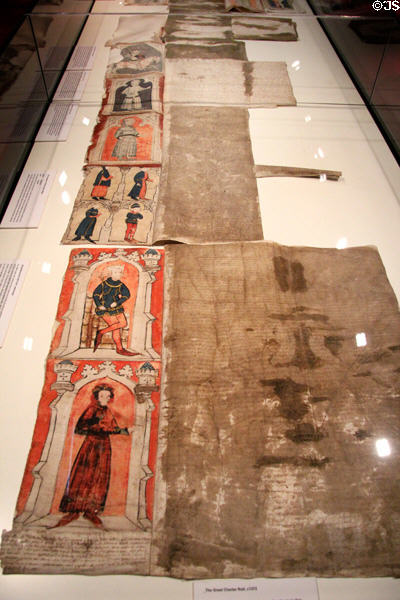 Portraits & royal charters stitched together as Great Charter Roll (c1372) to make case supporting Waterford's claim to shipping monopoly in order to have port of New Ross banned from docking shipping at Museum of Treasures. Waterford, Ireland.
