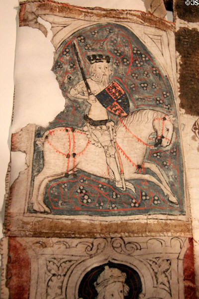 Portrait of King Edward III on horseback (1327-1377) included in Great Charter Roll to stroke king's ego so as to win Waterford's petition at Museum of Treasures. Waterford, Ireland.