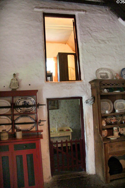 View of parlor & upstairs loft in Shannon Farmhouse at Bunratty Castle & Folk Park. County Clare, Ireland.