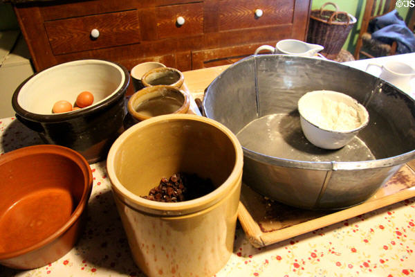 Kitchen bowls in Golden Vale Farmhouse at Bunratty Castle & Folk Park. County Clare, Ireland.