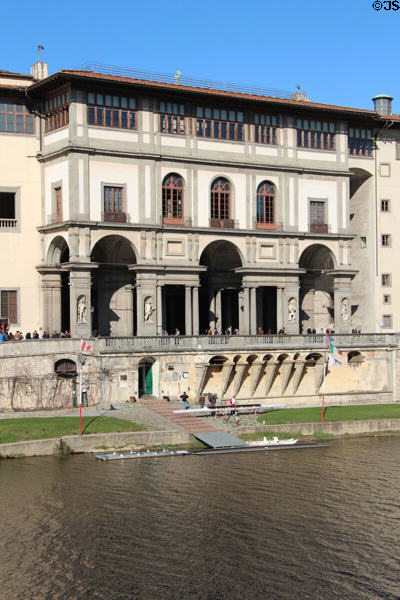 Uffizi Gallery facade overlooking Arno River. Florence, Italy.