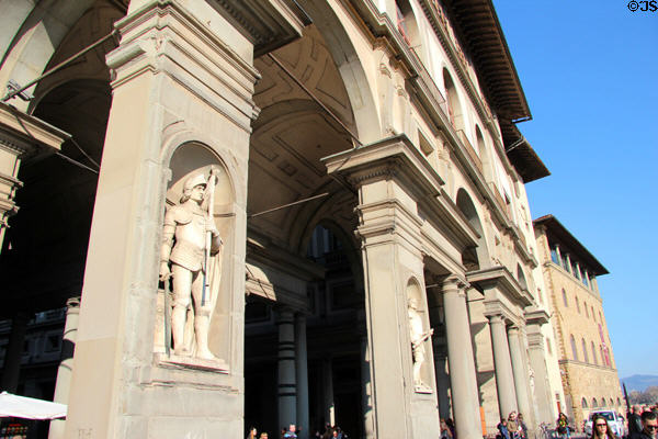Arcade of Uffizi Gallery which faces Arno River. Florence, Italy.
