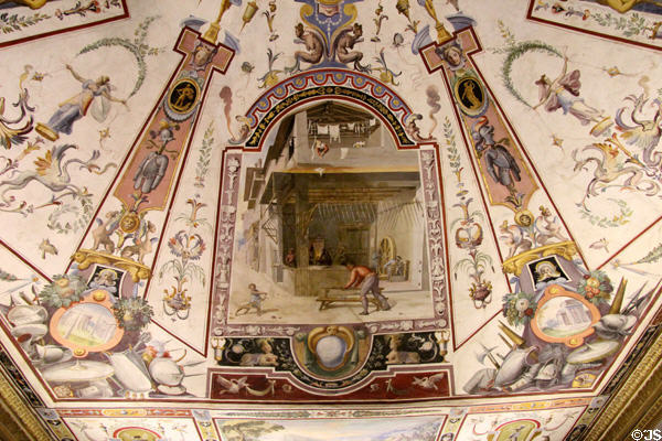 Painted view of manufacture of spears & swords on ceiling at Uffizi Gallery. Florence, Italy.