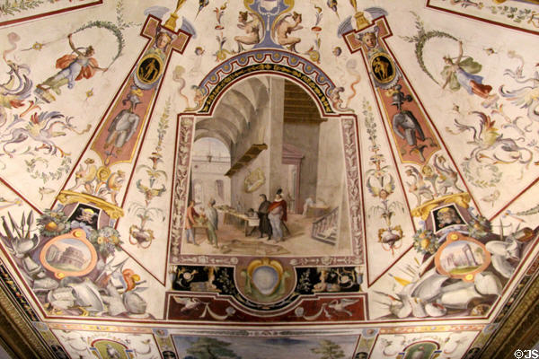 Painted view of life in Renaissance Florence on ceiling at Uffizi Gallery. Florence, Italy.