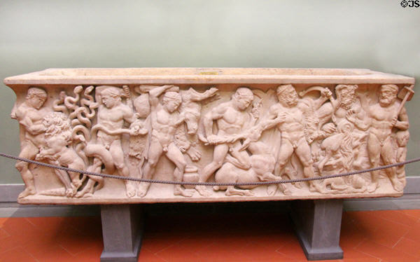 Roman sarcophagus with Labors of Hercules carving (150-160) at Uffizi Gallery. Florence, Italy.