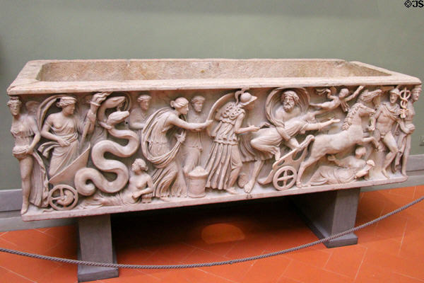 Roman sarcophagus with Rape of Persephone carving (160-180) at Uffizi Gallery. Florence, Italy.