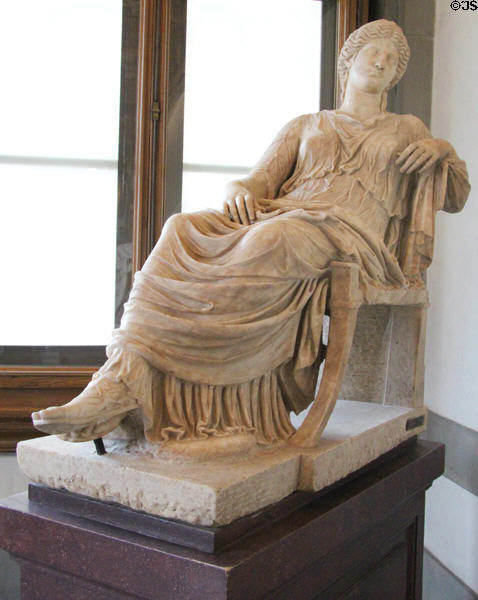 Roman-era copy of statue of seated woman after Attic Greek original (430-420 BCE) at Uffizi Gallery. Florence, Italy.