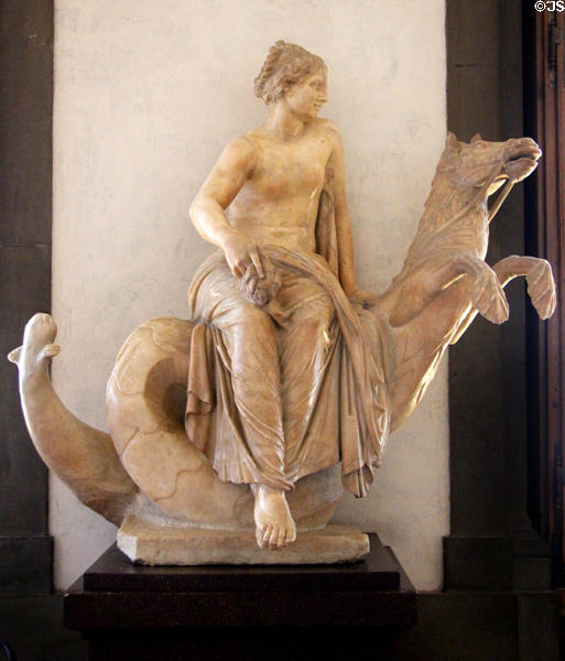 Roman-era copy (1st C) of statue of Nereide on seahorse after Hellenistic original at Uffizi Gallery. Florence, Italy.