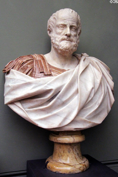 Roman-era portrait bust of Aristotle (2nd C) at Uffizi Gallery. Florence, Italy.