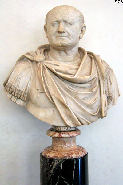 Roman emperor Vespasian (69-79) marble bust (late 1st C) at Uffizi Gallery. Florence, Italy.