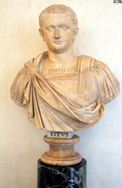Roman emperor Titus (79-81) marble bust (late 1st C) at Uffizi Gallery. Florence, Italy.