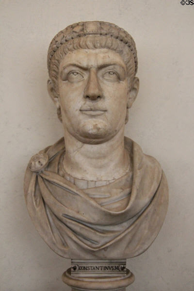 Roman emperor Constantine (306-337) marble bust (4th C) at Uffizi Gallery. Florence, Italy.