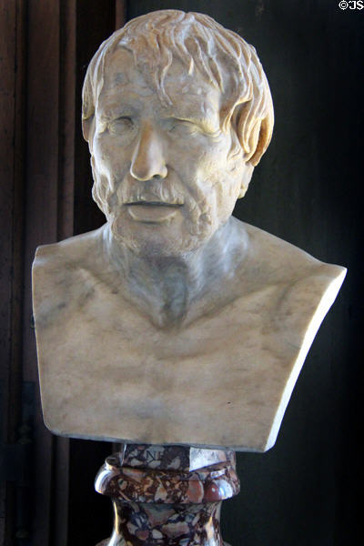 Roman-era marble copy of bronze bust of Greek philosopher Seneca at Uffizi Gallery. Florence, Italy.