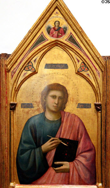St John the Evangelist panel detail of Madonna & Child polyptych painting (c1295-1300) by Giotto di Bondone at Uffizi Gallery. Florence, Italy.