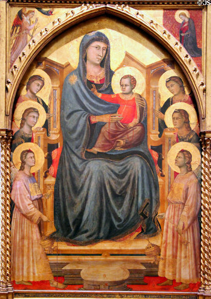 Madonna & Child Enthroned with six angels painting (c1320) by Maestro della Santa Cecilia at Uffizi Gallery. Florence, Italy.