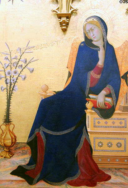 Virgin Mary detail of Annunciation painting (1333) by Simone Martini & Lippo Memmi at Uffizi Gallery. Florence, Italy.