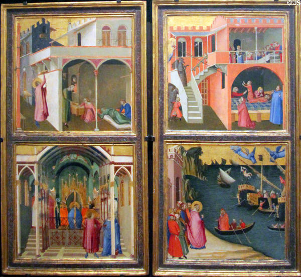 Scenes in life of St Nicholas painting (1327-32) by Ambrogio Lorenzetti at Uffizi Gallery. Florence, Italy.