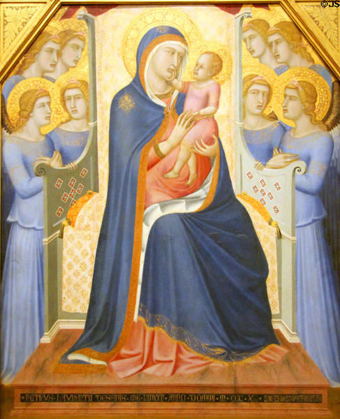 Madonna & Child Enthroned with eight angels painting (c1340) by Pietro Lorenzetti at Uffizi Gallery. Florence, Italy.