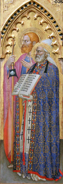 St James the Greater & St Gregory panel painting (1360-5) by Giovanni da Milano at Uffizi Gallery. Florence, Italy.