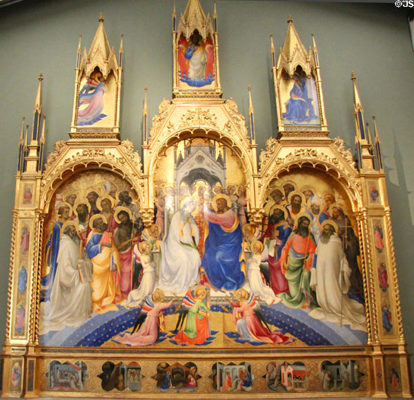 Coronation of the Virgin with saints & angels painting (1414) by Lorenzo Monaco (aka Piero di Giovanni) at Uffizi Gallery. Florence, Italy.
