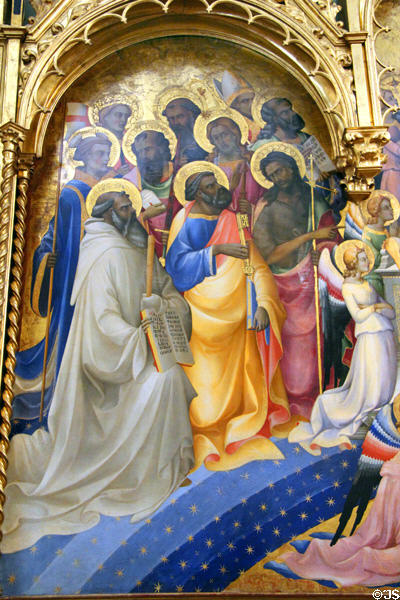 Saints detail of Coronation of the Virgin with saints & angels painting (1414) by Lorenzo Monaco (aka Piero di Giovanni) at Uffizi Gallery. Florence, Italy.