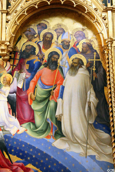 Saints detail of Coronation of the Virgin with saints & angels painting (1414) by Lorenzo Monaco (aka Piero di Giovanni) at Uffizi Gallery. Florence, Italy.