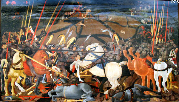 Battle of San Romano painting (1436-40) by Paolo Uccello (aka Paolo di Dono) at Uffizi Gallery. Florence, Italy.