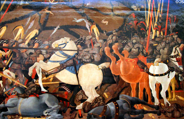 Detail of horses in battle of San Romano painting (1436-40) by Paolo Uccello (aka Paolo di Dono) at Uffizi Gallery. Florence, Italy.