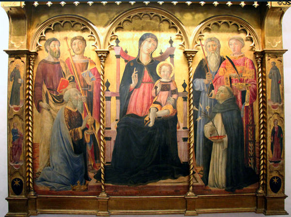 Madonna & Child Enthroned with saints painting (1457) by Lorenzo di Pietro (aka Il Vecchietta) at Uffizi Gallery. Florence, Italy.