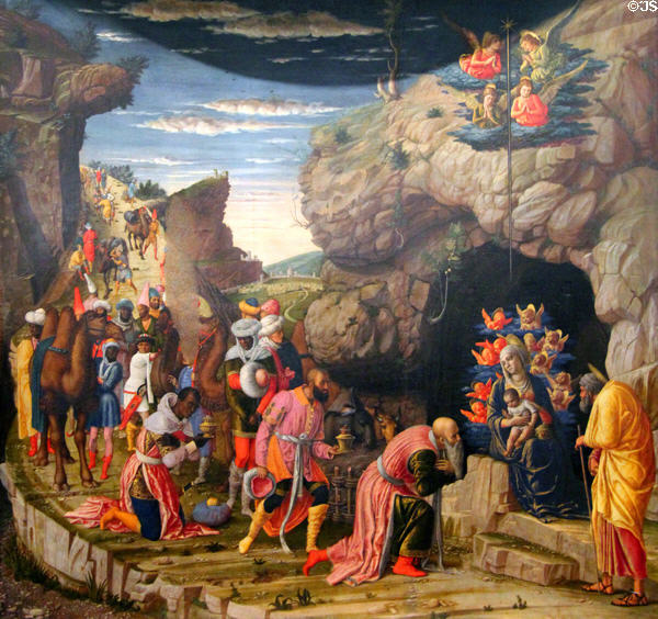 Epiphany panel from Life of Christ painting (c1463-4) by Andrea Mantegna at Uffizi Gallery. Florence, Italy.