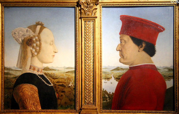Duke & Duchess of Urbino portraits (1472-75) by Piero della Francesca (aka Pietro di Benedetto dei Fanceschi) at Uffizi Gallery. Florence, Italy.