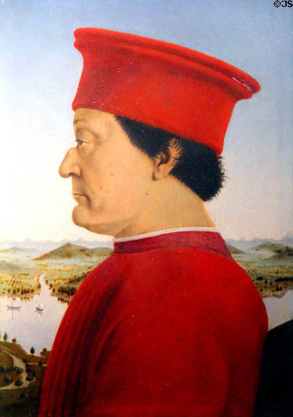 Duke of Urbino, Federico da Montefeltro portrait (1472-75) by Piero della Francesca (aka Pietro di Benedetto dei Fanceschi) at Uffizi Gallery. Florence, Italy.