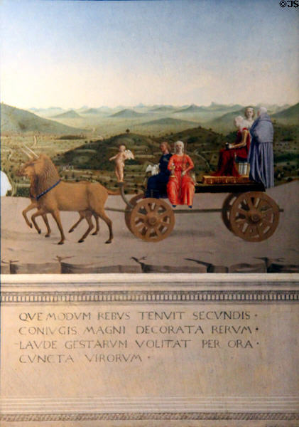 Allegory of triumphs of the Duke painting on back of Duchess of Urbino portrait (1472-75) by Piero della Francesca at Uffizi Gallery. Florence, Italy.
